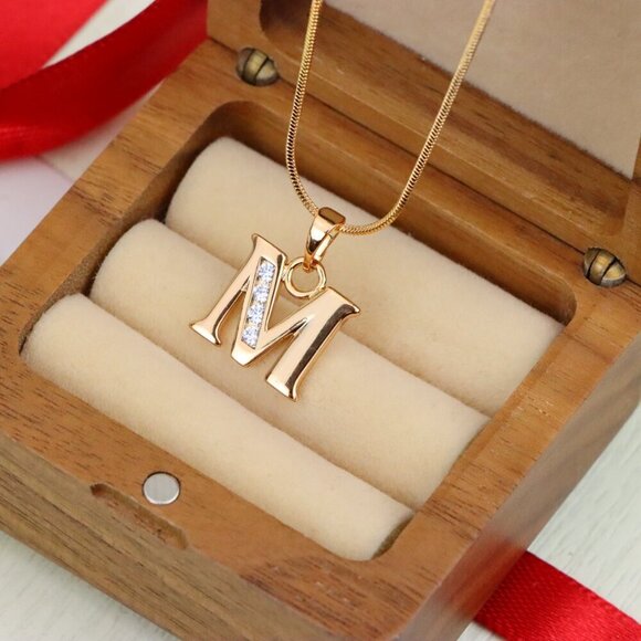 "Rose Gold Letter M Pendant with Crystals – 18K Gold Plated Charm, XPPT1362 - Picture 5 of 13